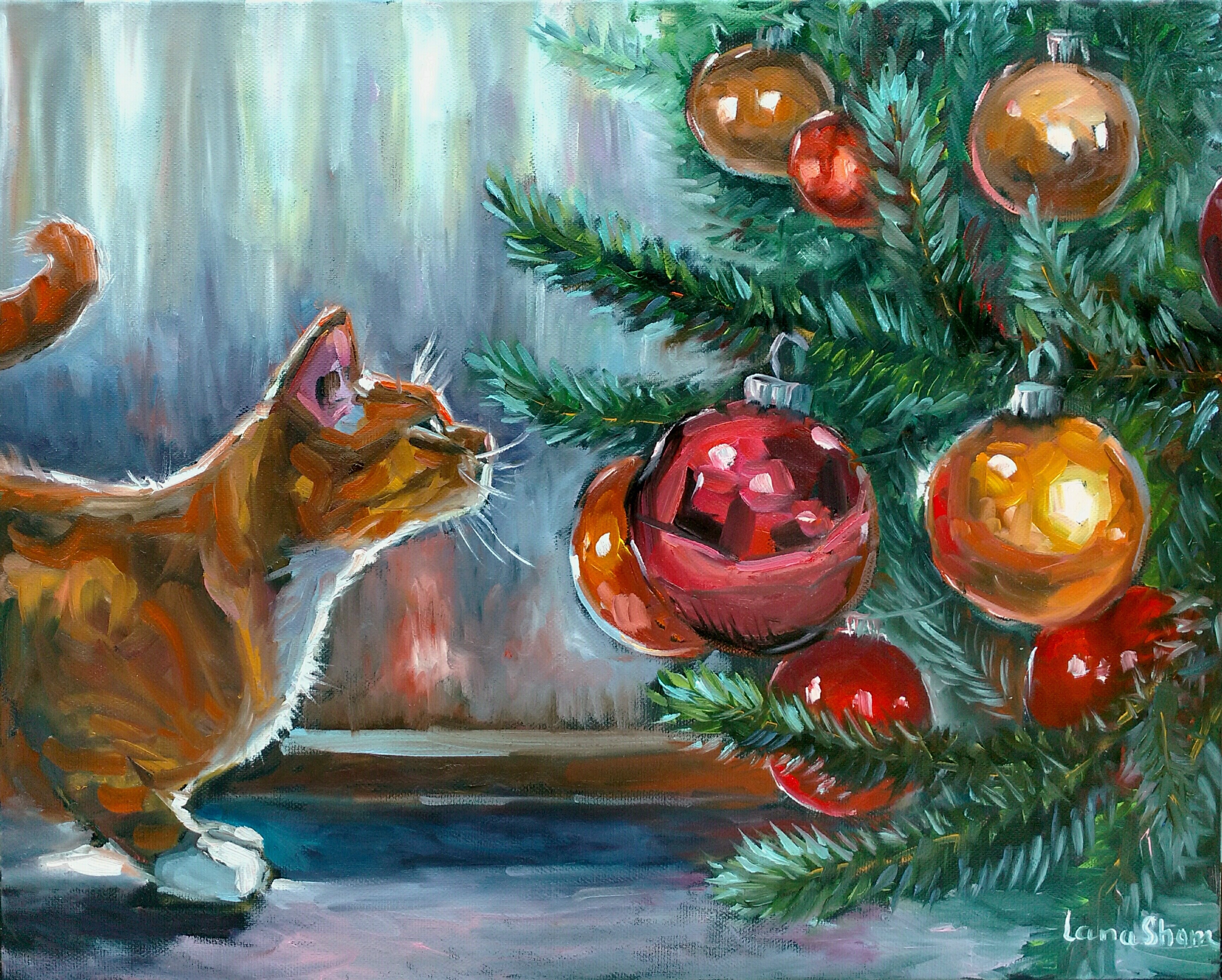 Картина маслом Кот под елкой